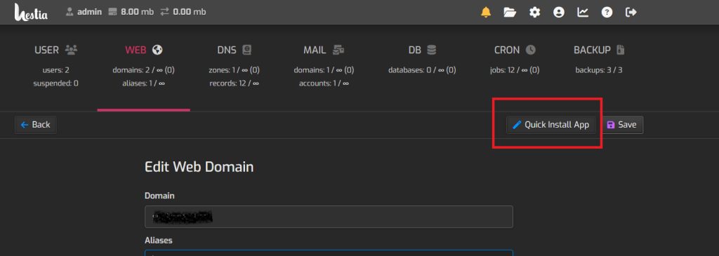 Quick Install App in HestiaCP