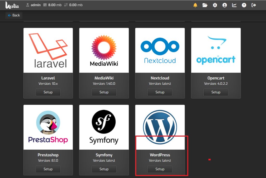 The WordPress setup option