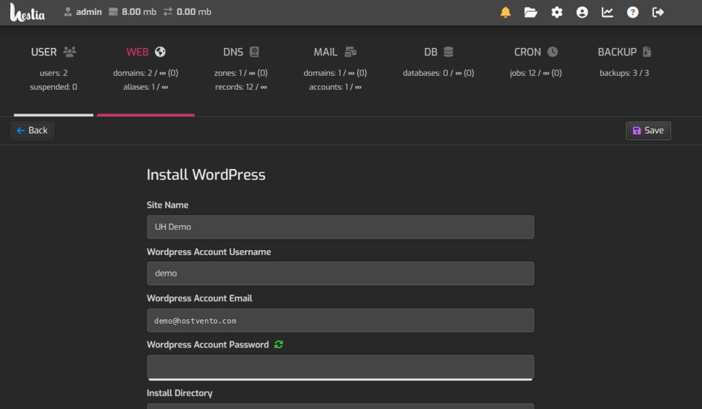 The WordPress installation details