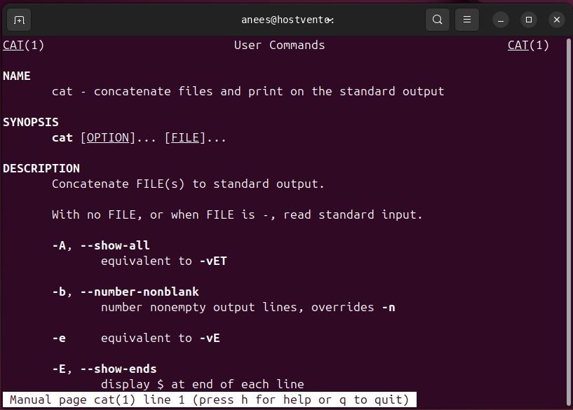 The manual page of the cat command