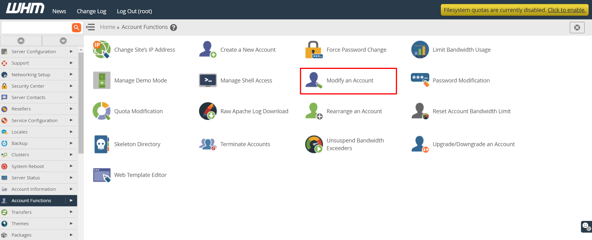 Screenshot: Open Modify an Account .