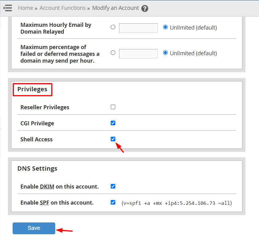 Screenshot: Use Manage Shell Access in WHM to enable or disable it.