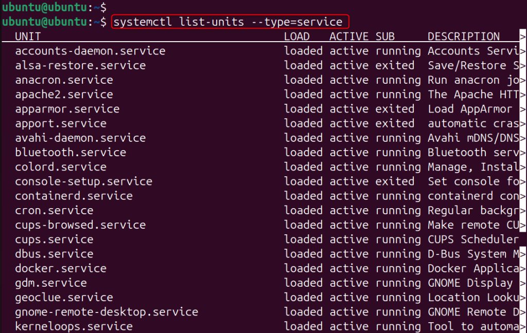 Listing the active services