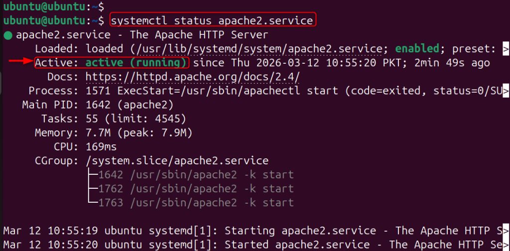 The status of the Apache service