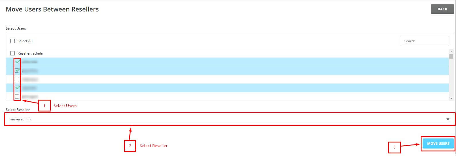 Screenshot: Use Move Users Between Resellers, pick the user and the new reseller, and click Move.