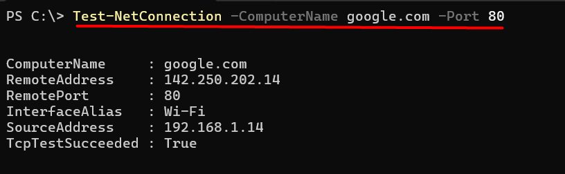 The PowerShell output for a port test