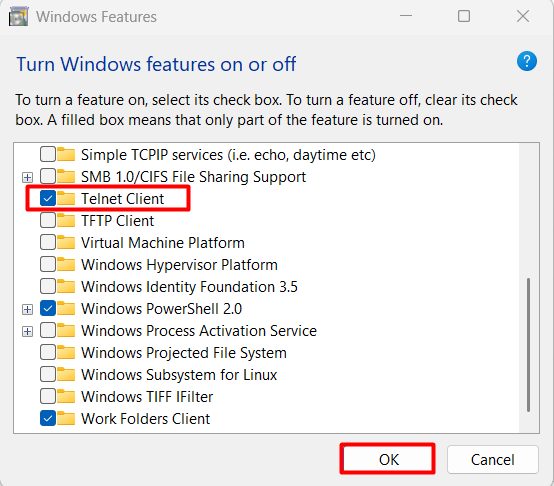 Enabling the Telnet client