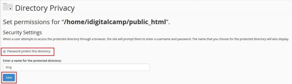 Screenshot: Tick the box Password protect this directory .