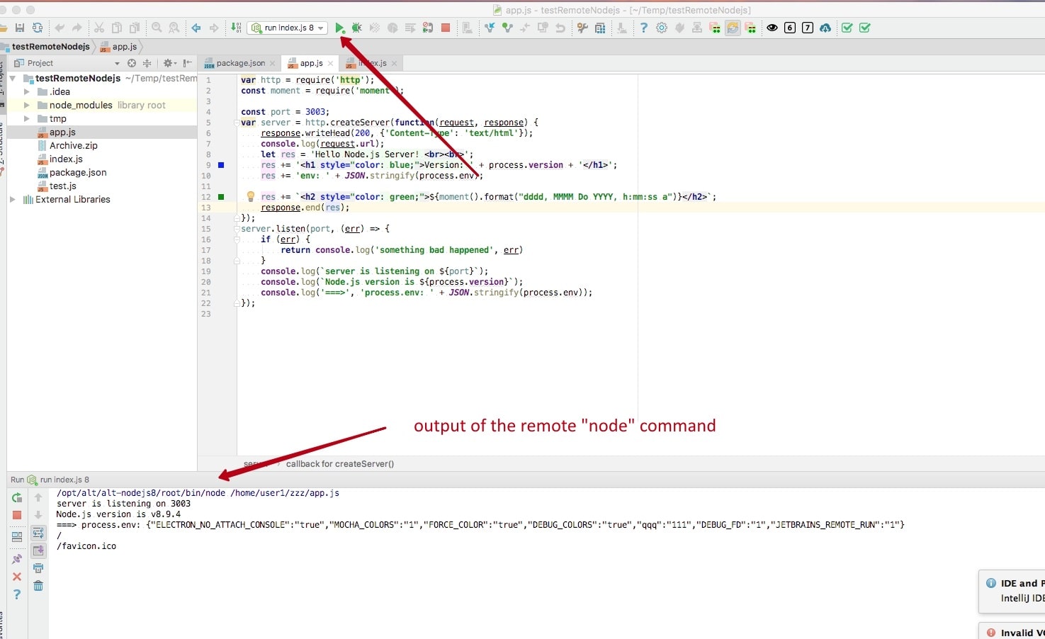 Screenshot: This switches to the Node.js version of your app and moves into its folder. The numbers an