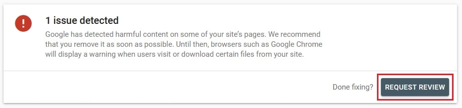 Screenshot: Request a review in Google Search Console.