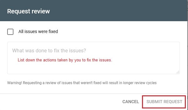 Screenshot: Request a review in Google Search Console.