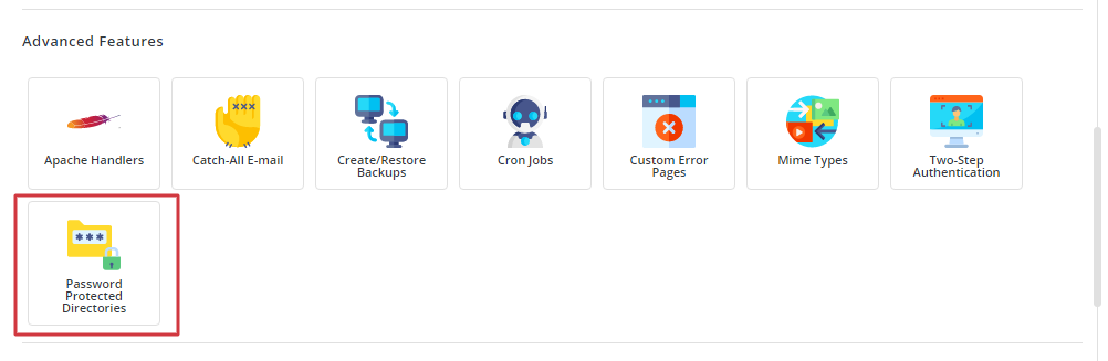 Screenshot: Find Password Protected Directories . It is in the Advanced Features area or in the main m