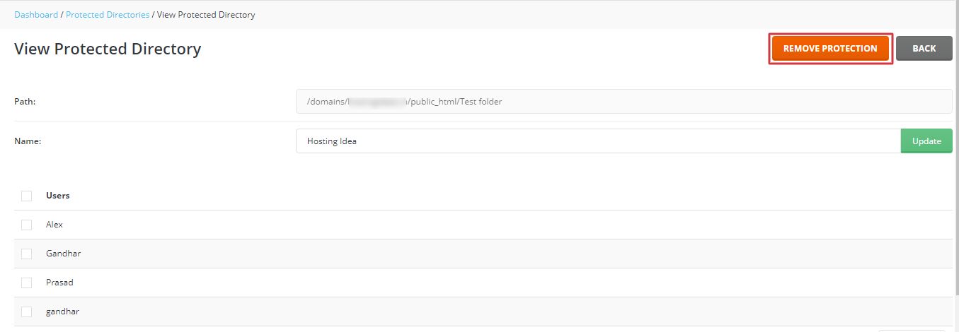 Screenshot: Open Password Protected Directories in DirectAdmin.