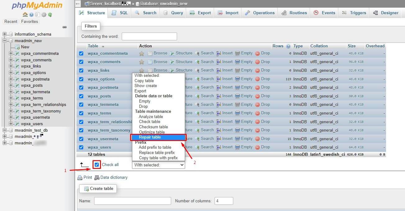 Screenshot: phpMyAdmin has Repair table under With selected.