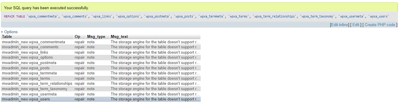 Screenshot: phpMyAdmin has Repair table under With selected.