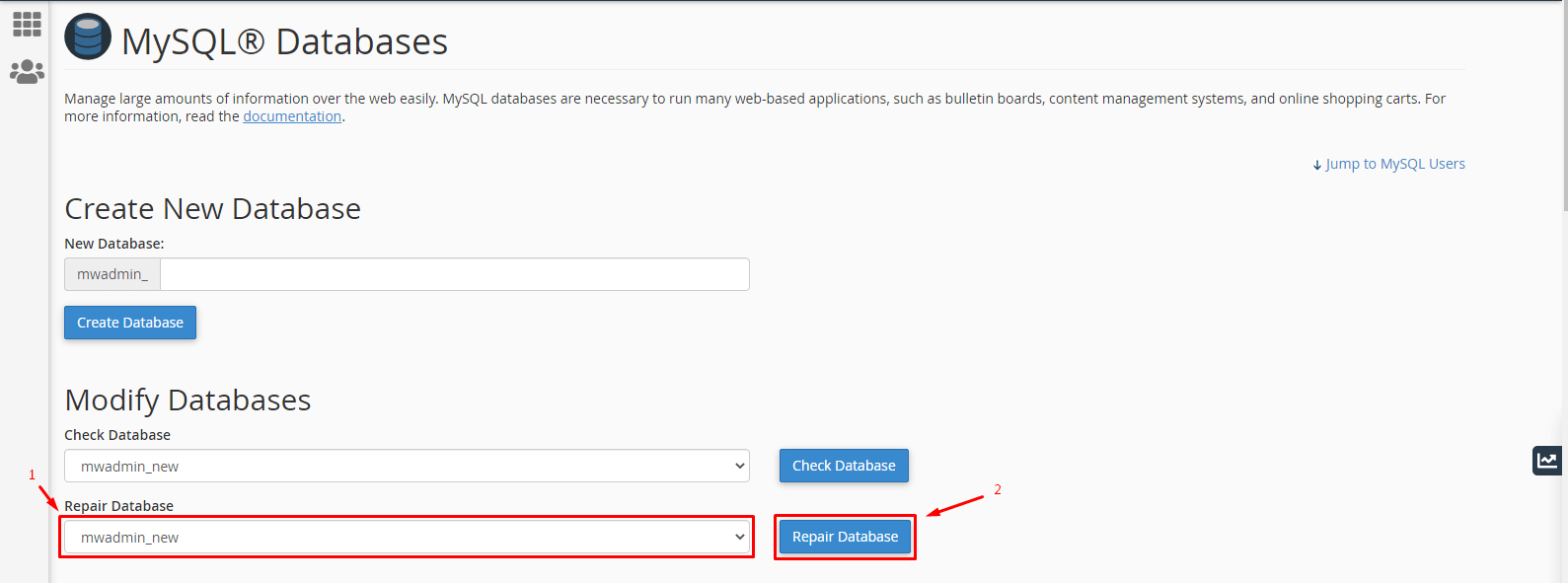 Screenshot: Under Repair Database , pick the database and click Repair Database .