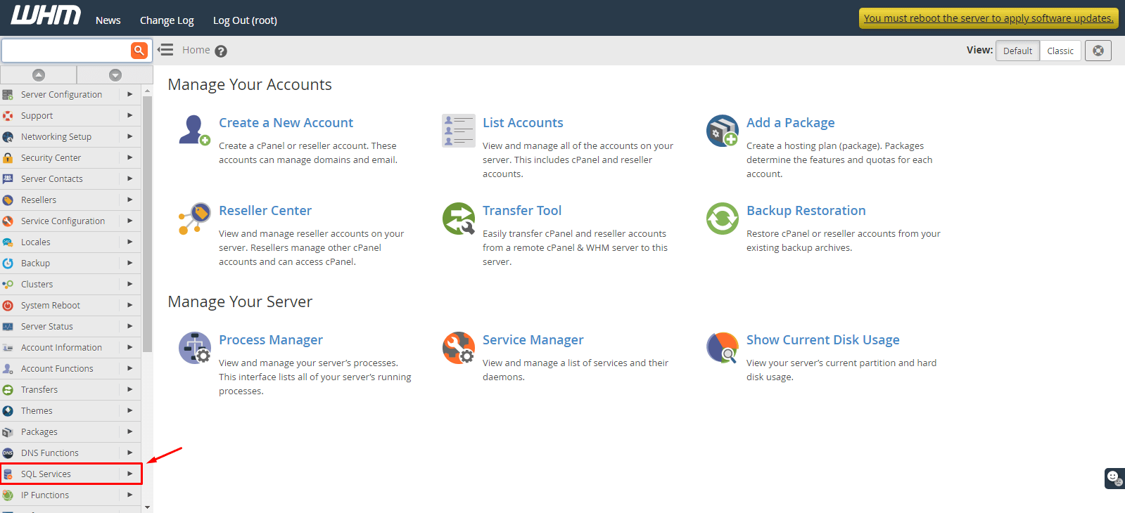 Screenshot: Log in to WHM as root.