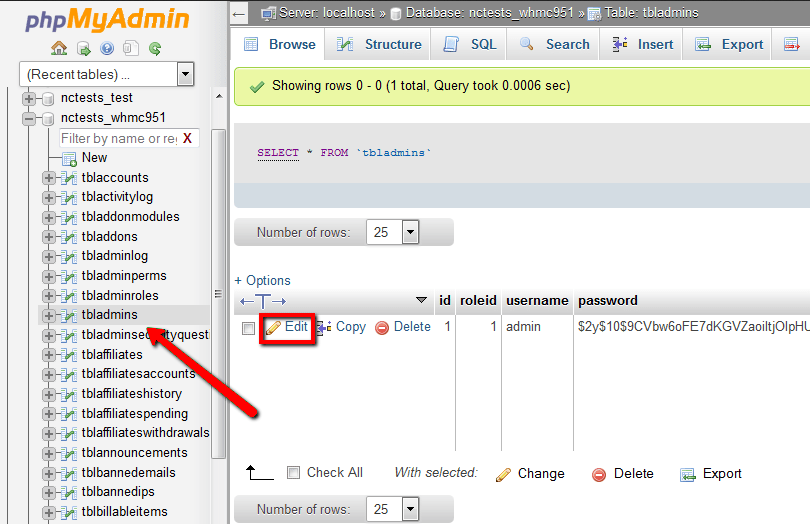 Screenshot: Click your WHMCS database on the left.