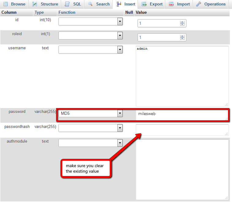 Screenshot: Type a new password into the value box.