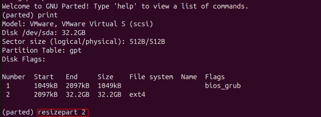 Resizing the partition with parted