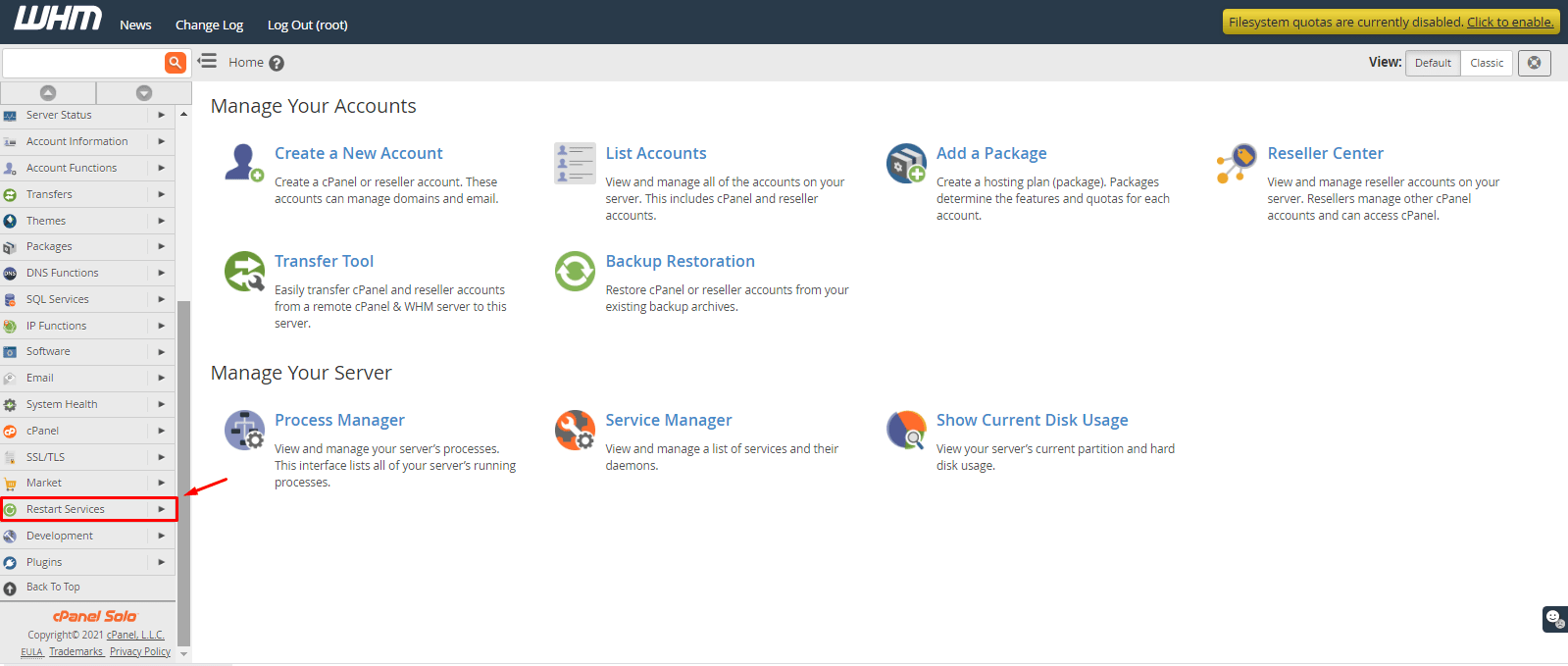 Screenshot: Click Restart Services .