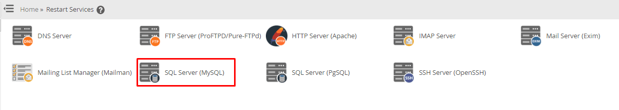 Screenshot: Go to Restart Services and choose SQL Server (MySQL) .