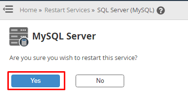 Screenshot: Go to Restart Services and choose SQL Server (MySQL) .