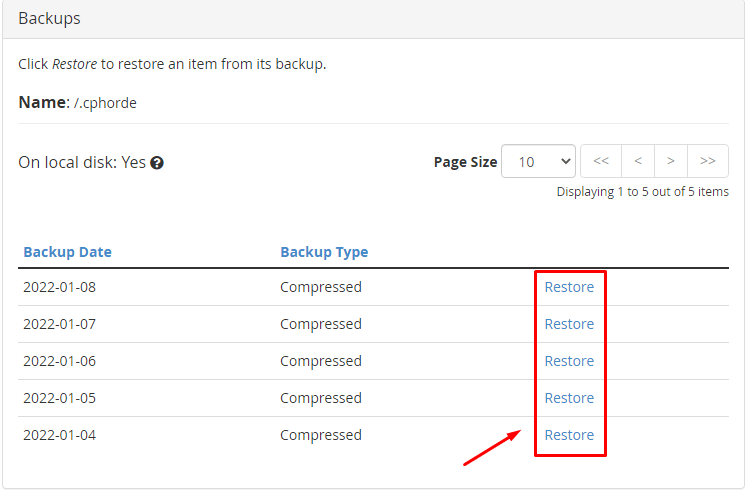 Screenshot: Pick the account, the backup date and the path.