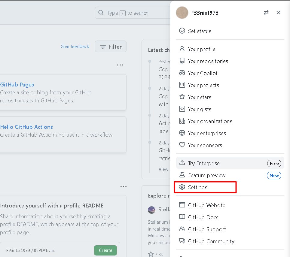 Opening the GitHub settings