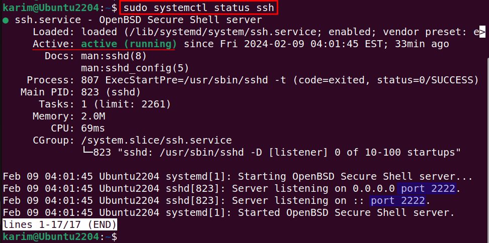 The SSH service is active