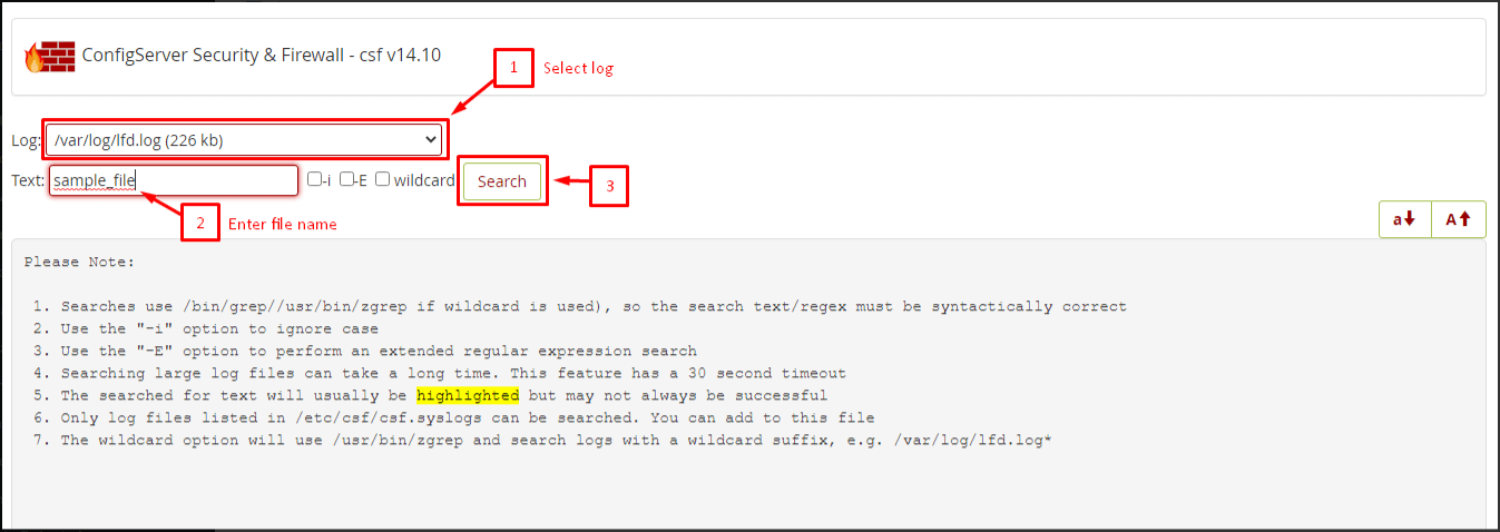 Screenshot: Use Search System Logs, pick a log and type a word.