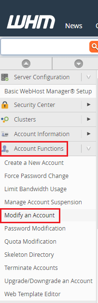 Screenshot: In WHM, search for Modify an Account .