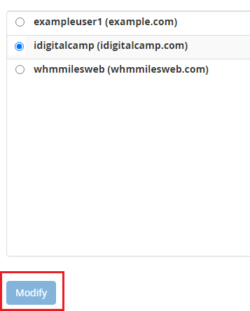 Screenshot: Select the account and click Modify .
