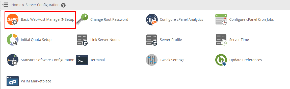 Screenshot: In WHM, search for Basic WebHost Manager Setup and open it.