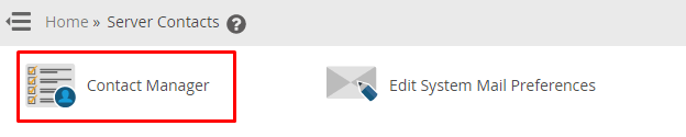 Screenshot: In WHM, use Contact Manager and Basic WebHost Manager Setup.