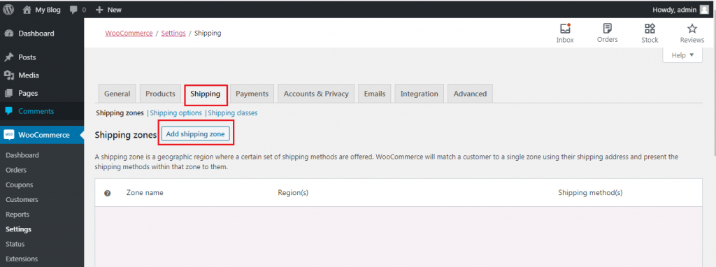 Screenshot: Click Add shipping zone .