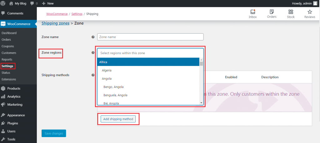 Screenshot: Click Add shipping zone .