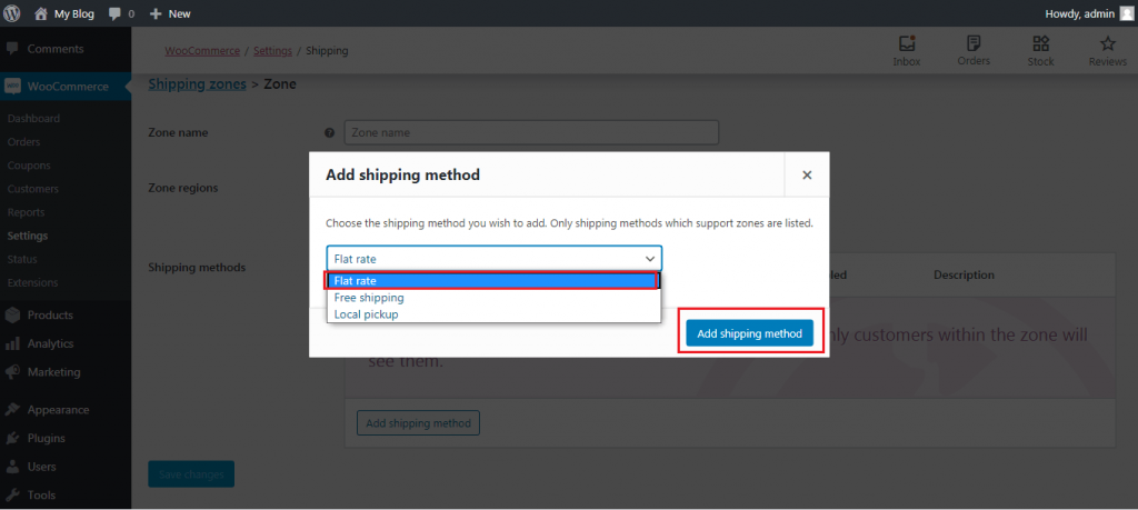 Screenshot: Click Add shipping zone .