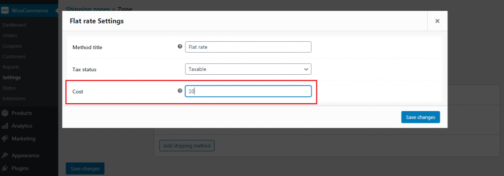 Screenshot: Flat rate charges one fixed price. You type the cost. It can be per order or per item.