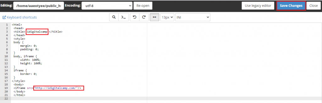 Screenshot: A URL frame shows another page under your domain name.