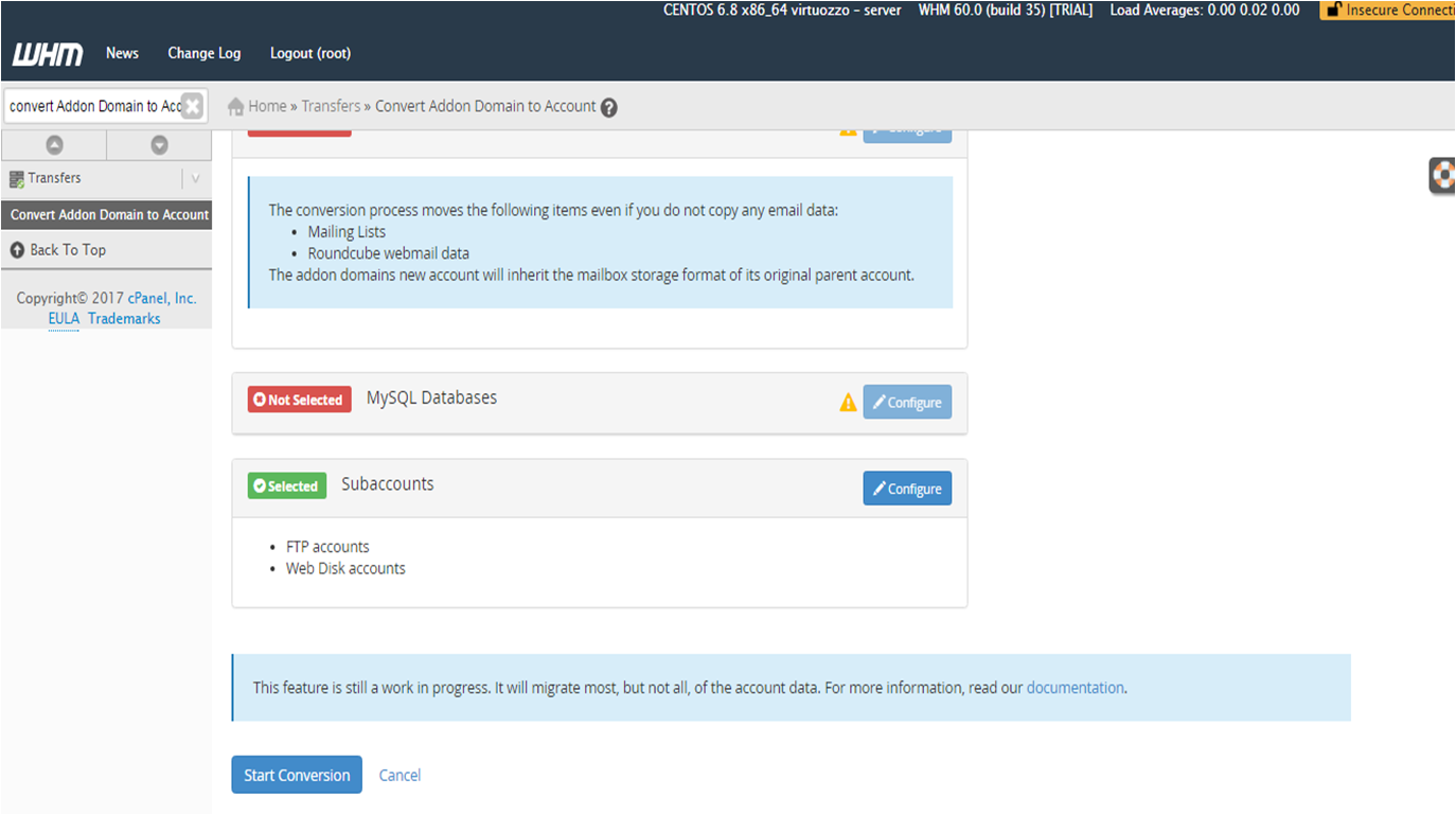 Screenshot: Remove the addon domain from the old account.