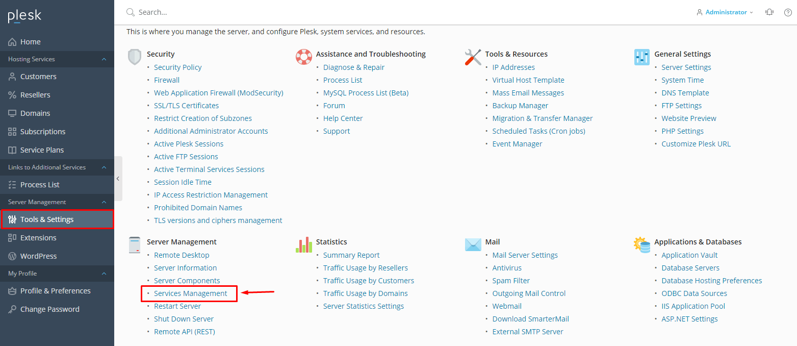 Screenshot: Go to Tools & Settings , then Services Management .