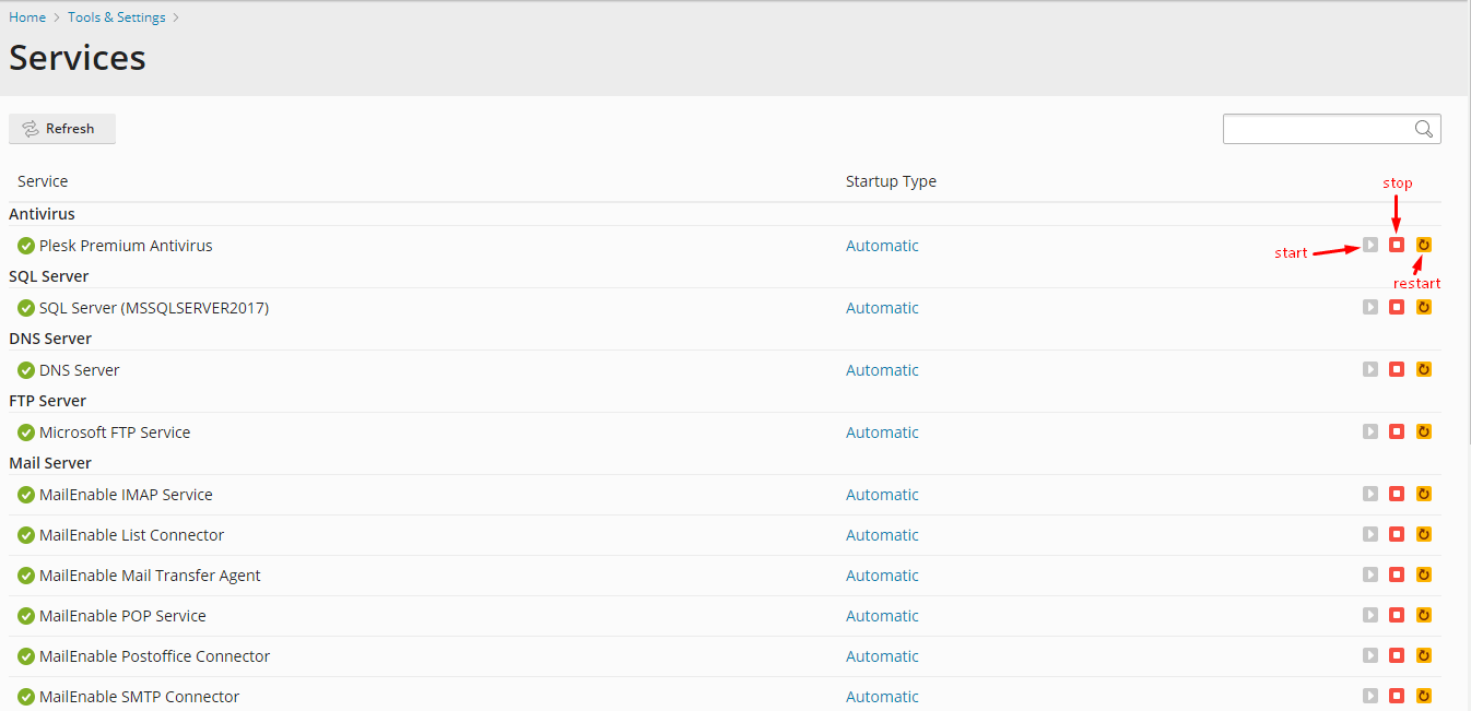 Screenshot: Use the icons to start, stop or restart.