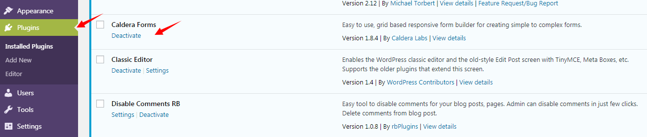 Screenshot: This tells WordPress that no plugins are active.
