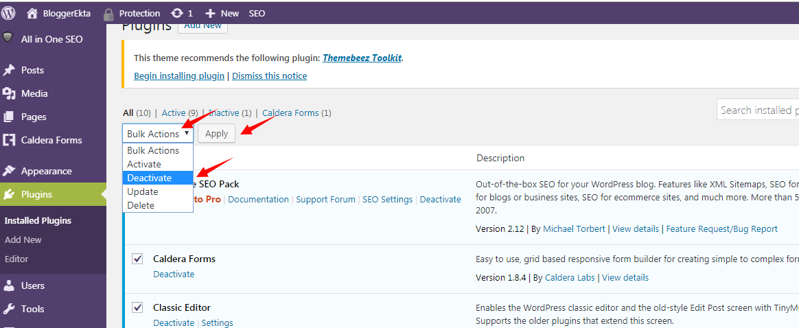 Screenshot: This tells WordPress that no plugins are active.
