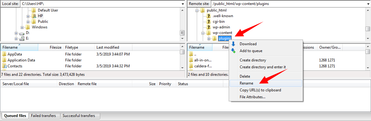 Screenshot: Right-click the plugins folder and choose Rename .