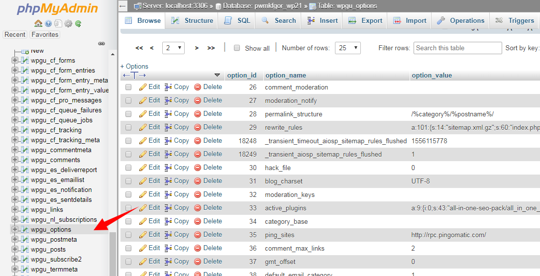 Screenshot: Open the table ending in _options .