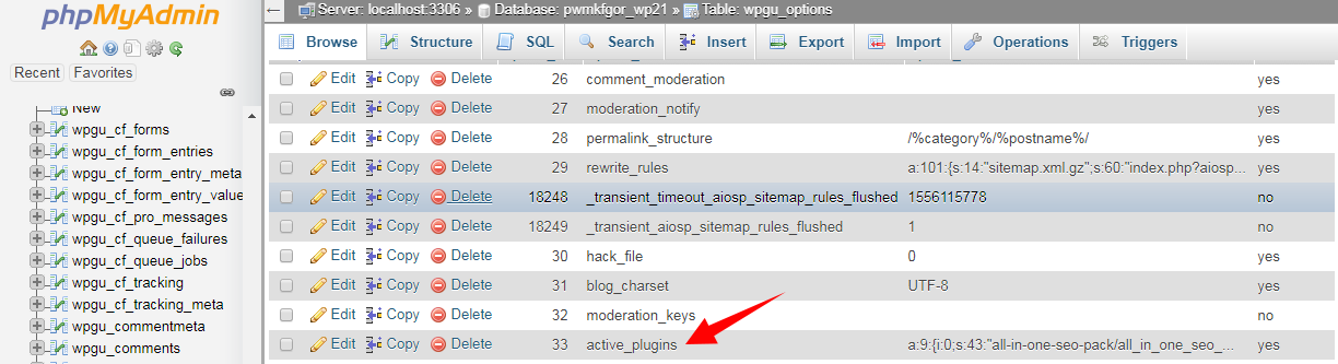 Screenshot: Open the table ending in _options .