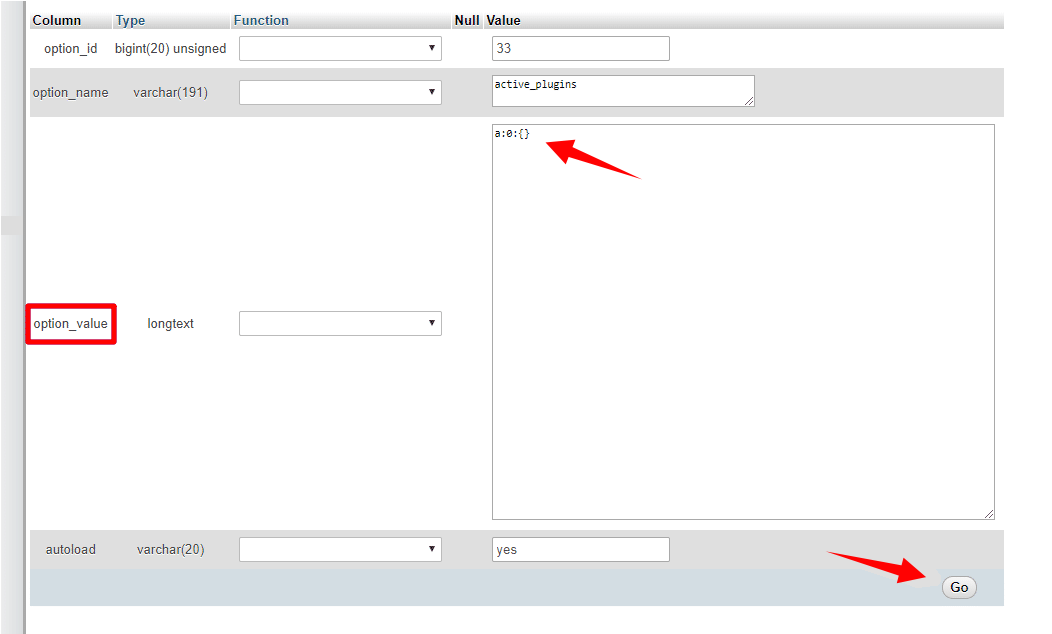 Screenshot: Search for the row where option_name is active_plugins .