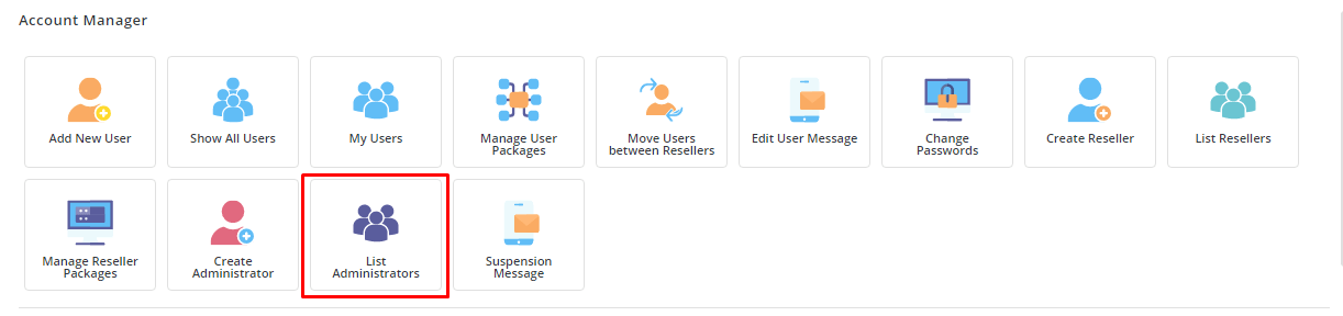 Screenshot: Look for the Account Manager section on the Admin page.